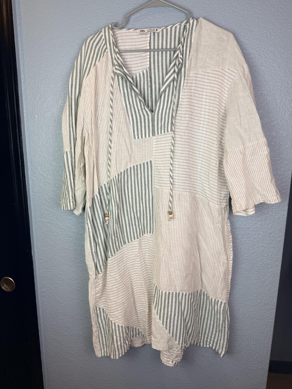 ZARA Dress Womens Large Multicolor Stripe Linen Cotton Kaftan Boho Beach